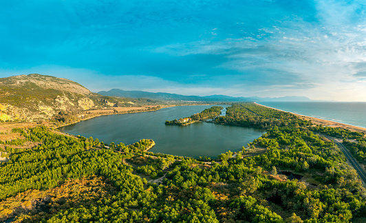 Aerial panoramic photo of Kaiafas Beach and lake  in Pyrgos, Ilia, Peloponnesus, Greece