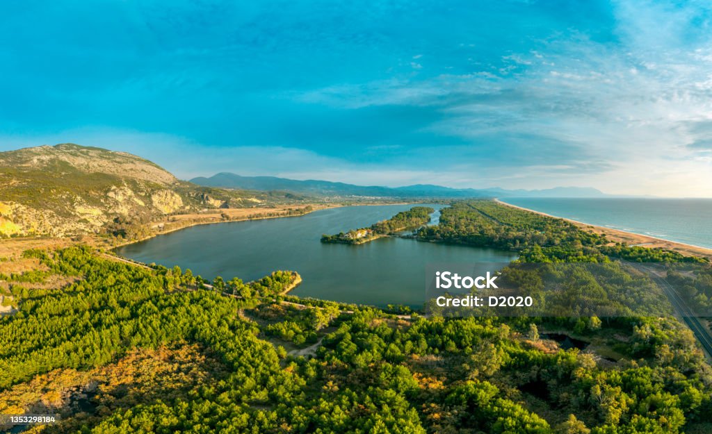 Aerial panoramic photo of Kaiafas Beach and lake  in Pyrgos, Ilia, Peloponnesus, Greece Greece Stock Photo