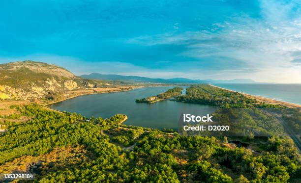 Aerial Panoramic Photo Of Kaiafas Beach And Lake In Pyrgos Ilia Peloponnesus Greece Stock Photo - Download Image Now