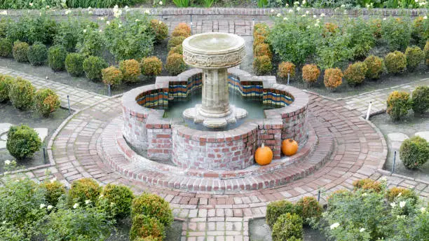 The Court of Abundance Garden and fountain at Allied Arts Guild, Menlo Park, California.