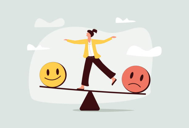 stockillustraties, clipart, cartoons en iconen met emotional balance and harmony concept. female cartoon character standing balancing on slackline with unstable mental. - dierlijk gedrag