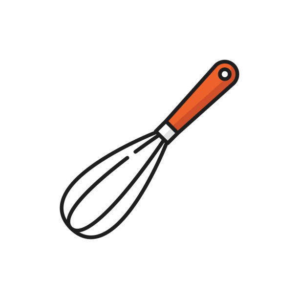 Mixer metal wire steel whisk isolated line icon Metal whisk eggs beater mixer isolated color line icon. Vector stainless balloon whisk kitchenware equipment with red handle. Cooking utensil, egg beater sign. Mixing whisker culinary dishware item egg beater stock illustrations