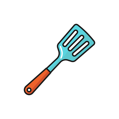 Spatula with wood handle isolated kitchen utensil color line icon. Vector household dishware to mix, lift, flip food during cooking. Slotted metal, plastic wood spatula, kitchen utensil, kitchenware