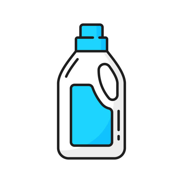 Plastic bottle of liquid detergent isolated icon Washing detergent package, laundry cleaning gel isolated color line icon. Vector toilet or sink cleaner, antibacterial gel for cleaning bathroom. Washing gel package, laundry powder supplement pack bleach stock illustrations