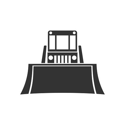 Bulldozer. Front view. Black silhouette of a tractor. Vector drawing. Isolated object on white background. Isolate.