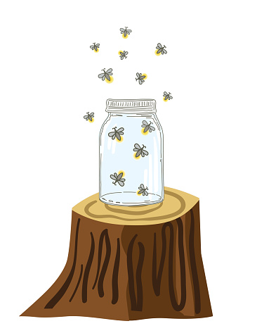 Cute mason jar of Lightening Bugs on an old stump. Flat colors. Created on a transparent base.