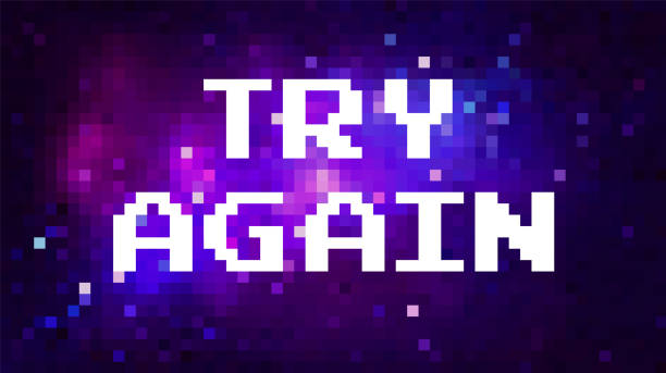 pixel-art-space-hintergrund mit der meldung try again - bit stock-grafiken, -clipart, -cartoons und -symbole