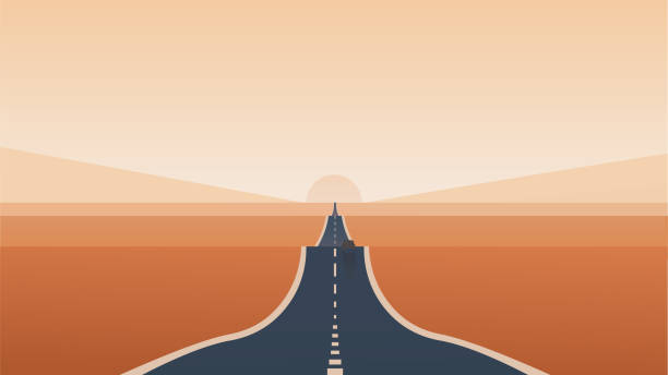 illustrations, cliparts, dessins animés et icônes de une petite voiture traverse les étendues désertiques sans fin. une route sans fin qui s’étend jusqu’à l’horizon. - scenics highway road backgrounds