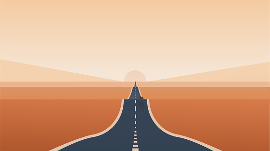 A small car drives through the endless desert expanses. An endless road stretching to the horizon. Bright sunset, sunrise in the desert. Vector illustration.