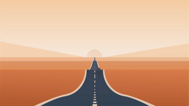 A small car drives through the endless desert expanses. An endless road stretching to the horizon. A small car drives through the endless desert expanses. An endless road stretching to the horizon. Bright sunset, sunrise in the desert. Vector illustration. road clipart stock illustrations
