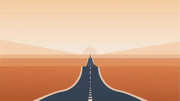 Vector illustration of A small car drives through the endless desert expanses. An endless road stretching to the horizon.