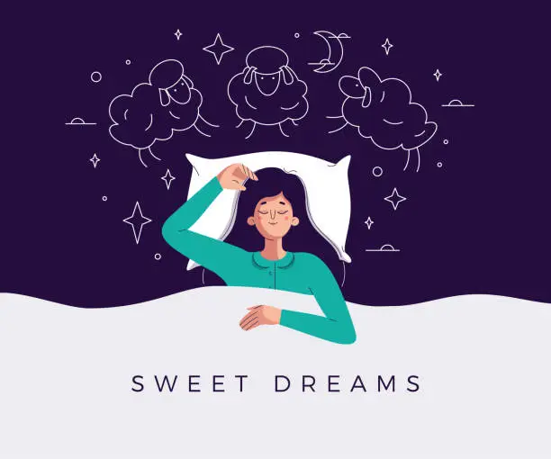 Vector illustration of Sweet dreams banner. Happy young woman is fast asleep, having a good dream. Girl is lying in the bed under soft duvet and healthy sleeping. Sleep tight, sweet dreams concept. Flat vector illustration