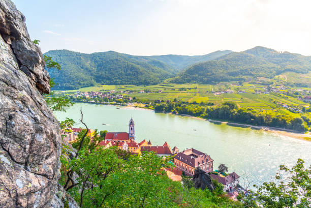 Scenic aerial view of Durnstein Village, Wachau Valley of Danube River, Austria Scenic aerial view of Durnstein Village, Wachau Valley of Danube River, Austria. blue danube stock pictures, royalty-free photos & images