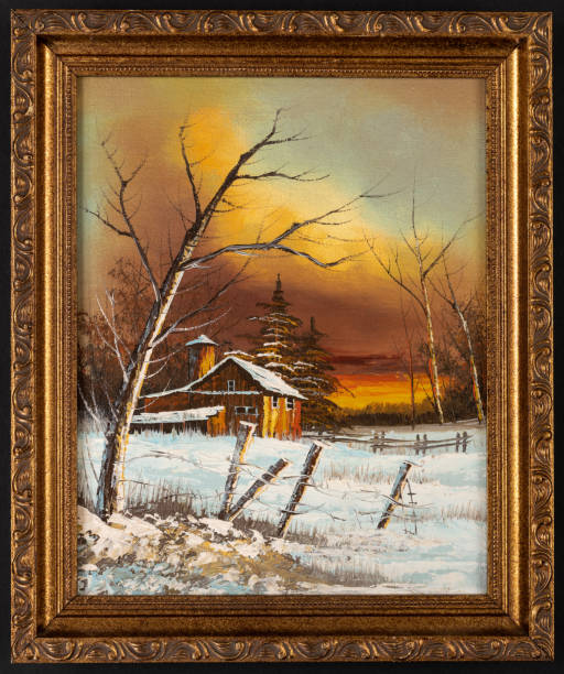 istock Framed Rural Sunset Winter Landscape Oil Painting 1353307222