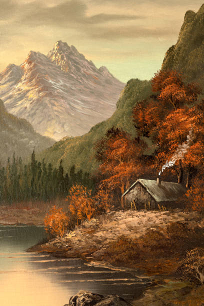illustrazioni stock, clip art, cartoni animati e icone di tendenza di cabina sul lago vintage pittura ad olio - backwoods