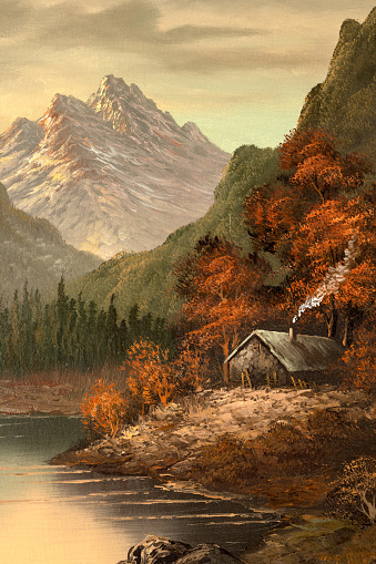 Fragment of vintage oil painting depicting a small cabin house near a lake and woods.