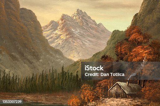 istock Cabin by the Lake Vintage Oil Painting 1353307239
