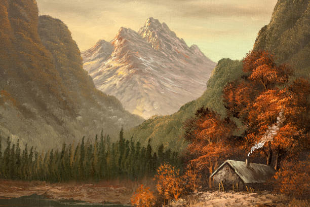 Cabin by the Lake Vintage Oil Painting Fragment of vintage oil painting depicting a small cabin house near a lake and woods. art picture stock illustrations