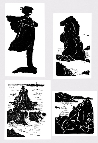 Four Silhouettes on rocky coastline in England: one man standing against the wind, and a rock in the shape of a horse. Illustration published 1893. Source: Original edition is from my own archives. Copyright has expired and is in Public Domain.