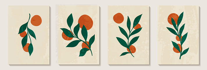 Creative minimalist hand painted Abstract art background with orange stain and Hand Drawn doodle Scribble floral plants. Design for wall decoration, postcard, poster or brochure.