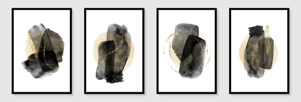 istock Creative minimalist hand painted Abstract art background with black watercolor stain and golden doodle Scribble line. Design for wall decoration, postcard, poster or brochure 1353314566