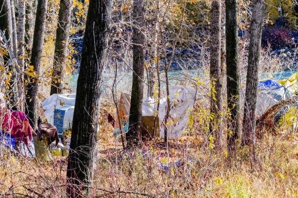 camping sans-abri dans la ville - employee barracks photos et images de collection