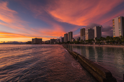 Sunset over Waikiki beach.