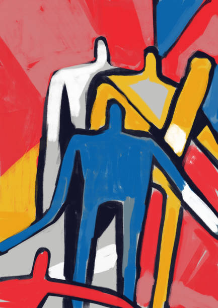 istock Pretty people grunge version inspired by Mondrian and Kandinsky art, picture, neoplastic art and people. Aesthetic painting with saturated color. Picture for print 1353318361