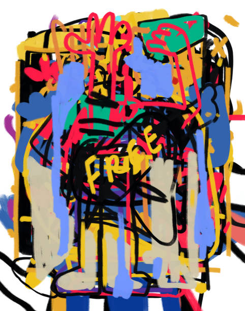 istock Curious silhouette of a black man in the center of a chaotic and abstract graffiti, graffiti and bold line art. Energetic acrylic painting with rich and colorful. Concept for banner 1353319471