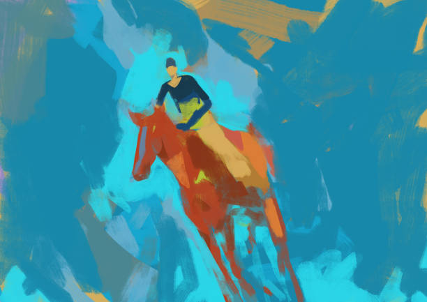 istock Calm horseman running in blue atmosphere peaceful ambient, concept, realistic rough painting. Gorgeous painting with contrasting color. Picture for book, cover and print 1353320365