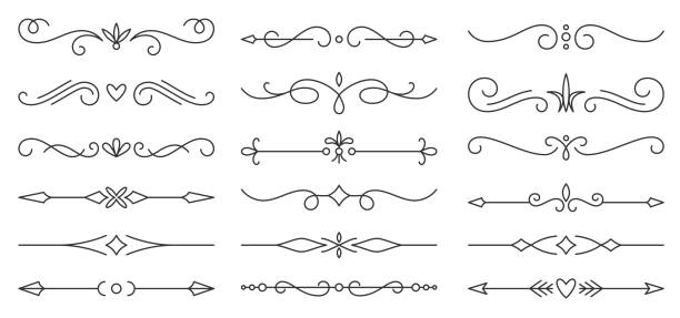 ilustrações, clipart, desenhos animados e ícones de divisores texto de borda vintage doodle linha preta definida - flourishes