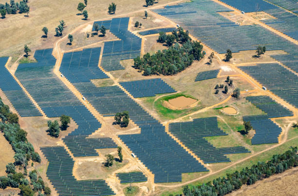 Aerial photograph of a solar farm.