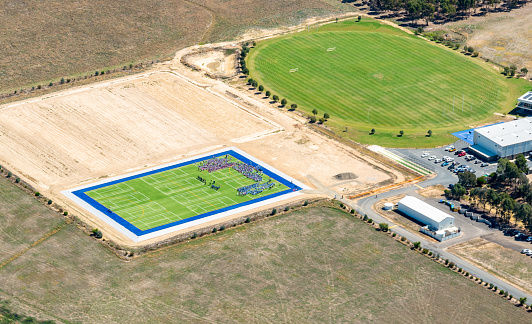 An aerial view of a large Football Stadium, in the United Kingdom.