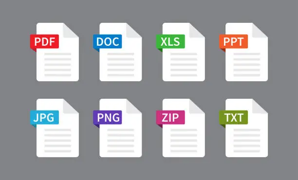 Vector illustration of Documents File Format icon. File type isolated on gray background. PDF, DOC, XLS, PPT, JPG. PNG, ZIP, TXT. Vector illustration