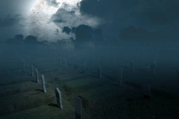 istock Tombstones on the graveyard with full moon background 1353330678