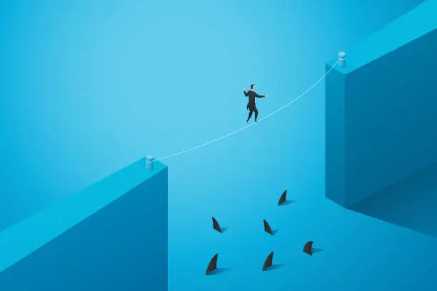 Vector illustration of Businessman walks on rope between gaps above a group sharks in sea.