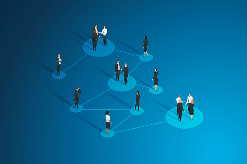 Business network layout communication and cooperation of business people group interconnected teamwork.  isometric vector illustration.