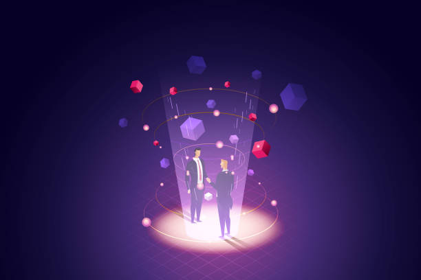 Businessmen shaking hands through virtual technology. Business people shaking hands at virtual technology metaverse for Future Businesses and Digital Devices. isometric vector illustration. metaverse stock illustrations