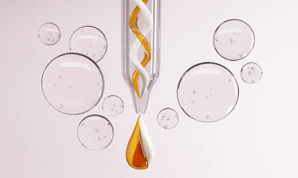 Cream and Essence oil mixed in a Cosmetic pipette surrounded by warter bubbles on a white background.-3d rendering."n stock photo