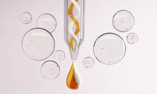 Cream and Essence oil mixed in a Cosmetic pipette surrounded by warter bubbles on a white background.-3d rendering."n