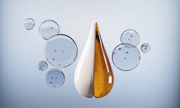 istock Cream and Essence oil mixed surrounded by warter bubbles on a white background.-3d rendering. 1353334110