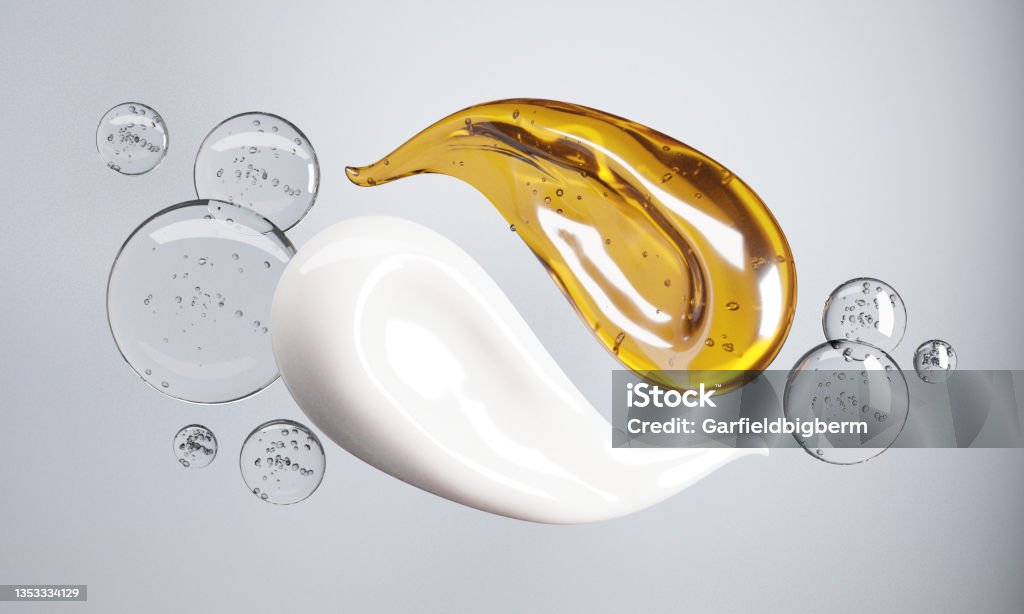 Cream and Essence oil mixed surrounded by warter bubbles on a white background.-3d rendering. Moisturizer Stock Photo