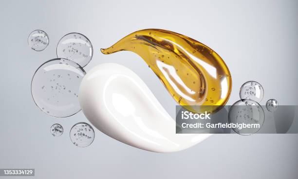 Cream And Essence Oil Mixed Surrounded By Warter Bubbles On A White Background3d Rendering Stock Photo - Download Image Now