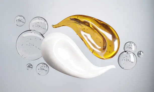 Photo of Cream and Essence oil mixed surrounded by warter bubbles on a white background.-3d rendering.
