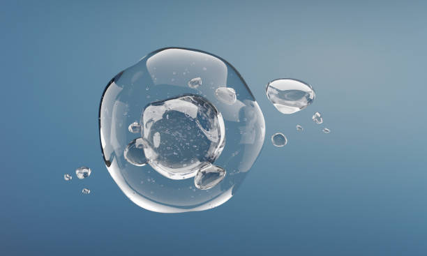 Liquid Bubble surrounded by underwater bubbles."nconcept for cosmetic design.-3d renderin. stock photo