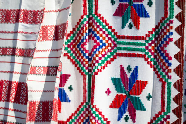 istock Slavic embroidered towels. National Ukrainian or Belarusian ethnic patterns on the fabric. 1353340104