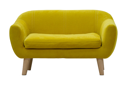 Yellow sofa on wooden legs on a white background.