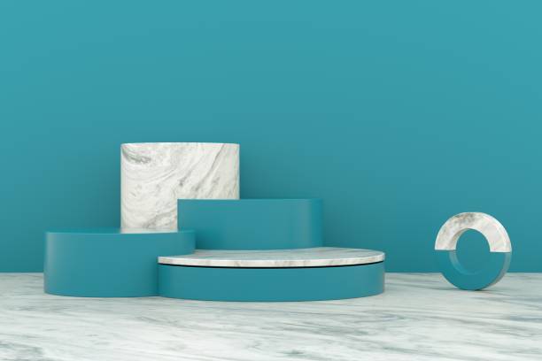 istock 3D rendering blue geometric background. Geometric shapes in modern minimal design. Minimalistic mock up for promotion, cosmetic background, product show. 1353340320