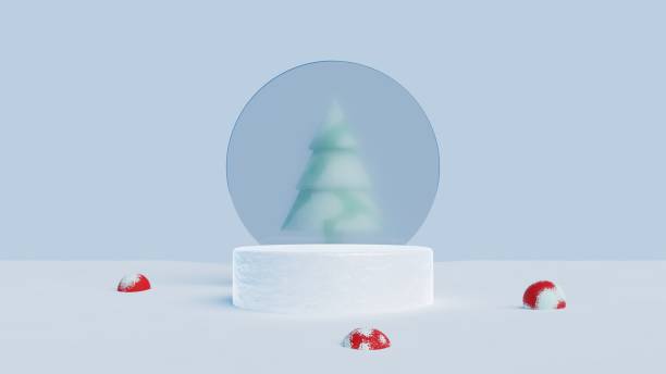 istock 3D podium display and christmas tree.Winter landscape background for product presentation.Minimal pedestal showcase with round glass frame.3D rendering illustration. 1353341018