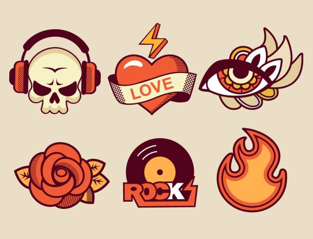 ilustraciones, imágenes clip art, dibujos animados e iconos de stock de conjunto de color estilo retro estilo de música rock y pegatinas de amor - tattoo heart shape love ribbon